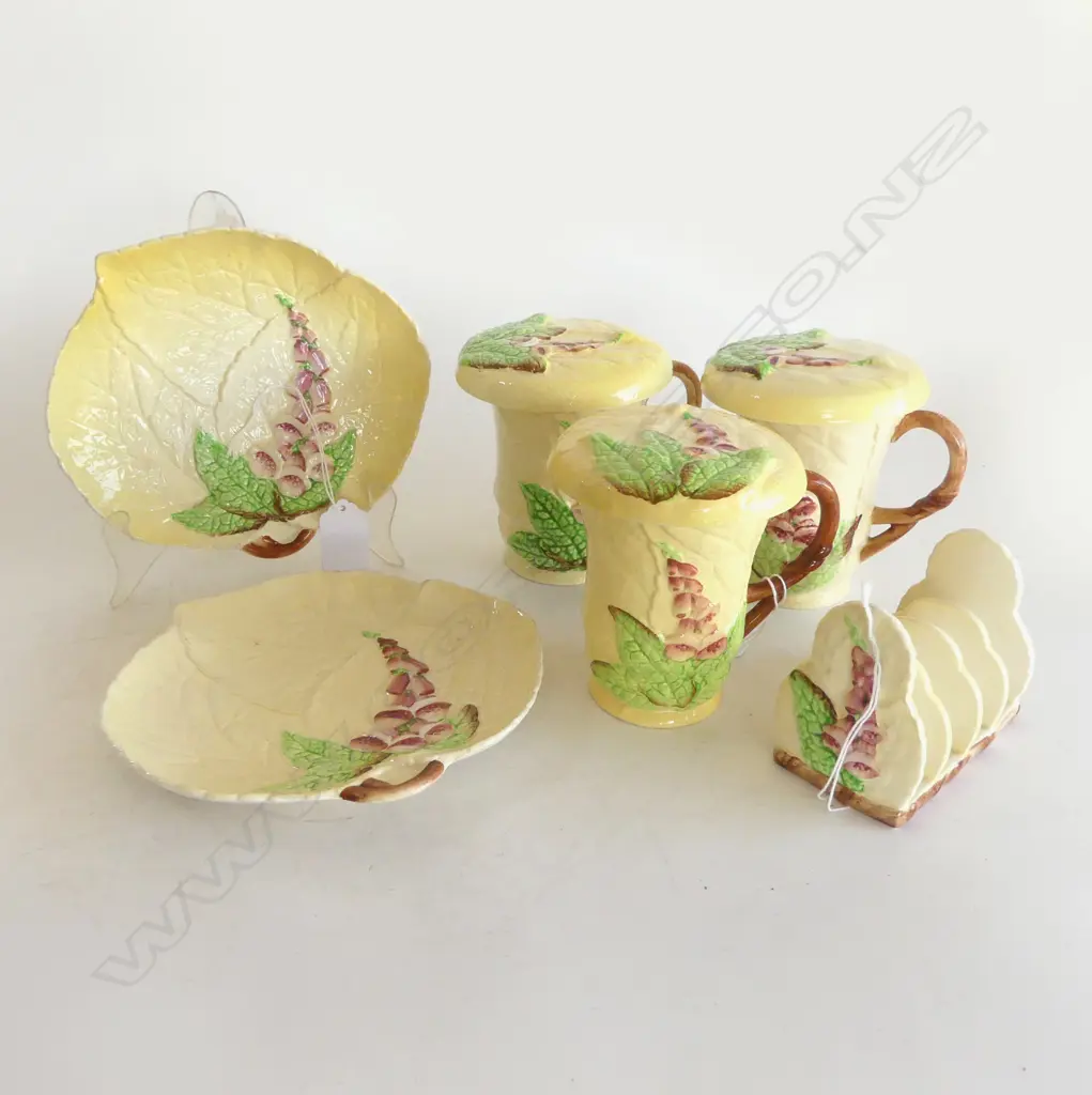 3 LIDDED YELLOW HOLLYHOCK PAT CARLTONWARE MUGS H120MM 2 MATCHING DISHES DIA 180MM & TOAST RACK Image 1++
