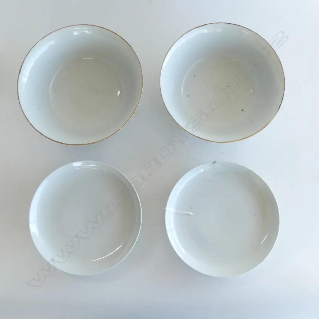 PR CHINESE PORCELAIN BOWLS 225mm dia + 2 MATCHING FOOTED PLATES, 1 w. OLD STAPLE REPAIR Image 1++