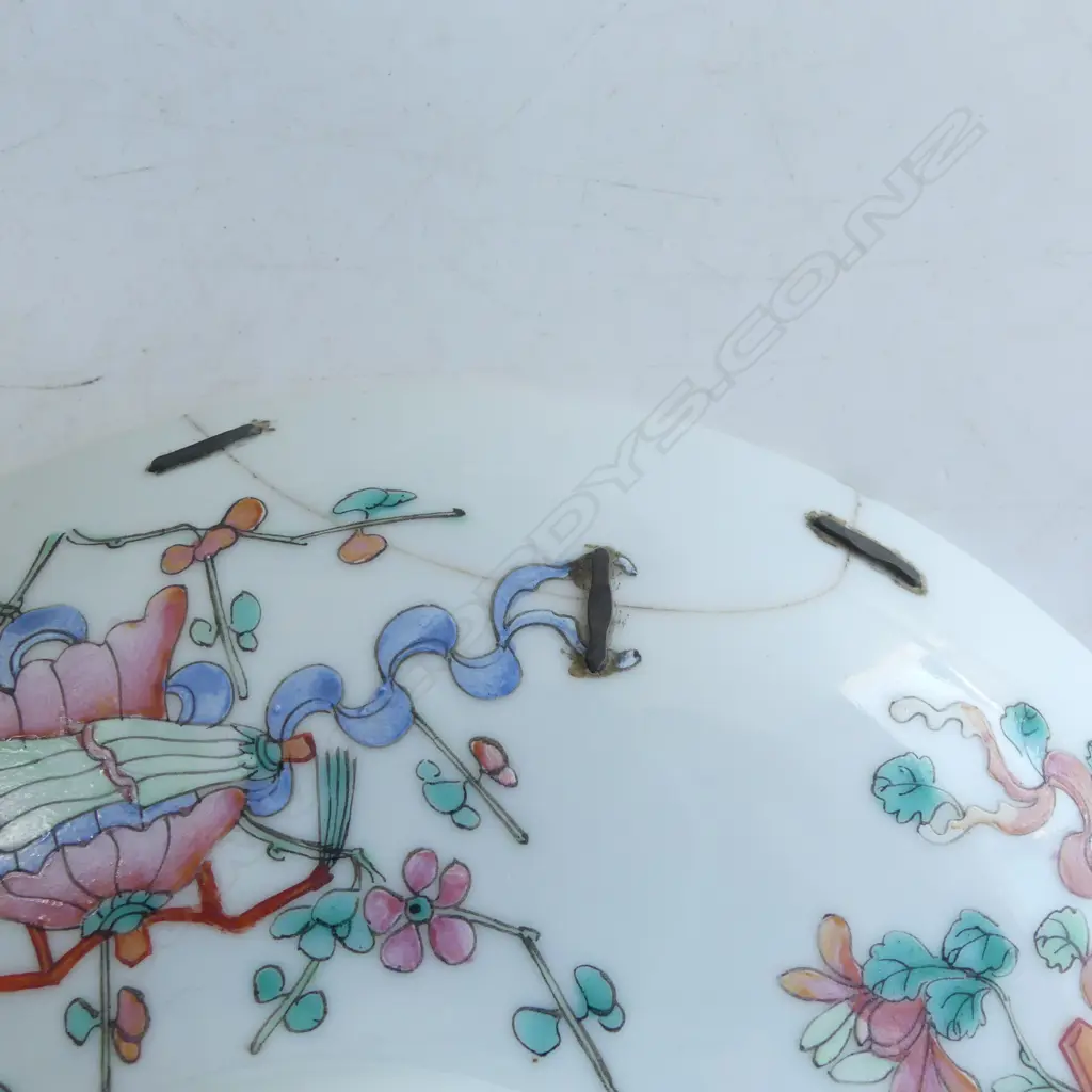 PR CHINESE PORCELAIN BOWLS 225mm dia + 2 MATCHING FOOTED PLATES, 1 w. OLD STAPLE REPAIR Image 1++
