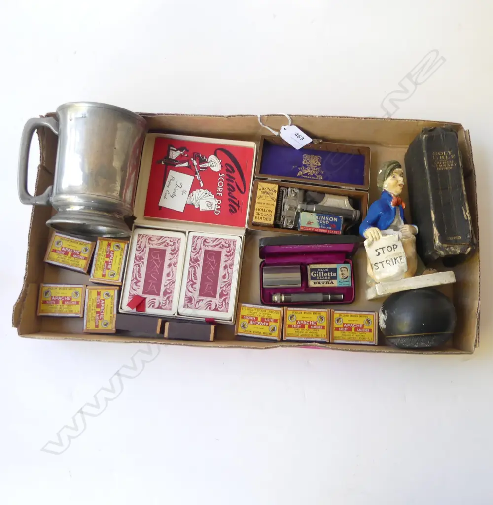 TRAY OF COLLECTIBLES – WILKINSON & GILLETE RAZORS, RAIL STRIKE VESTA, PRATT WARE VESTA, CARDS, PEWTER TANKARD, HOLY BIBL Image 1++