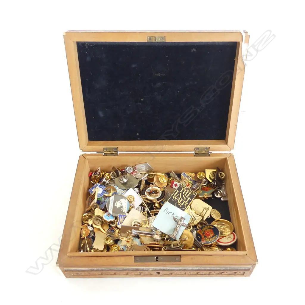 ASST. BADGES & PINS IN WOODEN BOX Image 1++