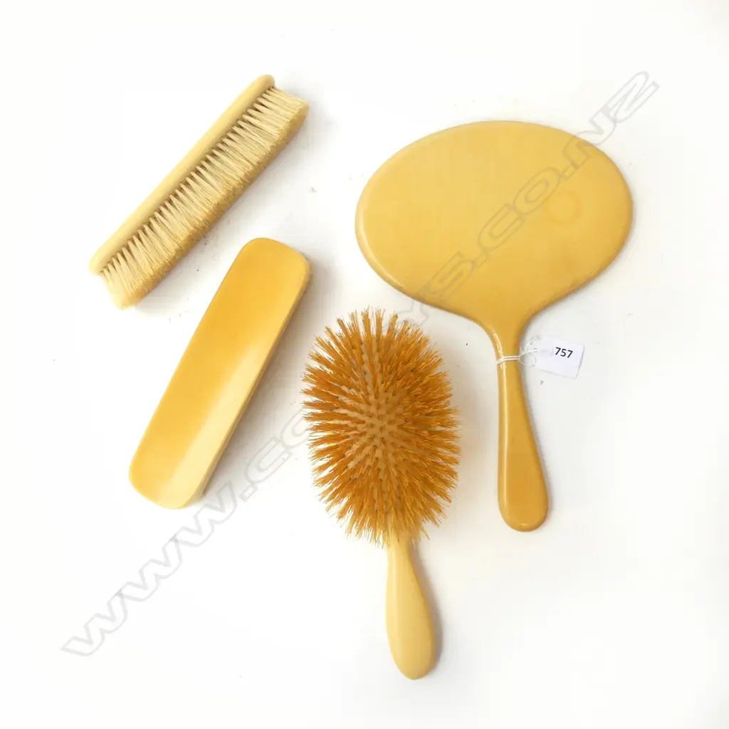 4 PCE IVORINE VANITY SET; 3 BRUSHES & HAND MIRROR  Image 1++