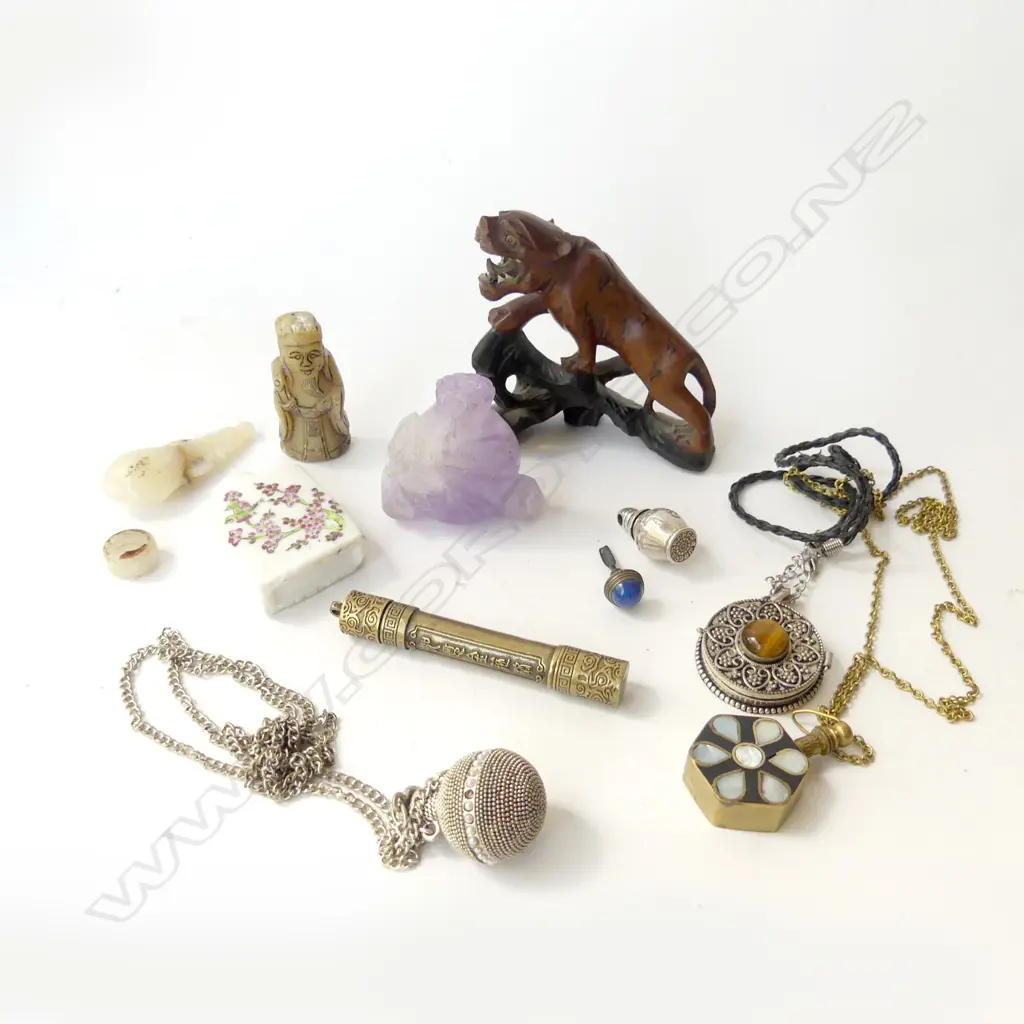 ASST. ORIENTAL PCES; SNUFF BOTTLES, CARVED WOODEN TIGER ETC Image 1++
