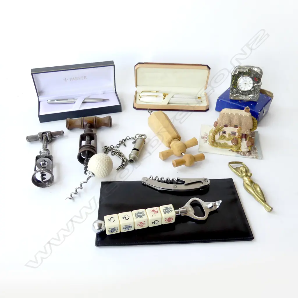 ASST CORKSCREW BOTTLE OPENERS, CASED PENS INCL. PARKER, LILLIPUT LANE 'WIGHT COTTAGE', WHISTLE Image 1++