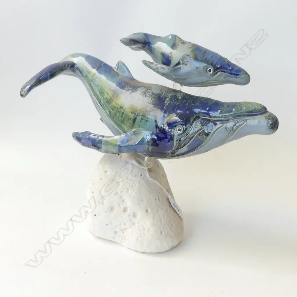 HUMPBACK WHALE w CALF SCULPTURE, CERAMIC MOUNTED ON VOLCANIC STONE BASE, HANDCRAFTED HAWAII. H.260mm Image 1++