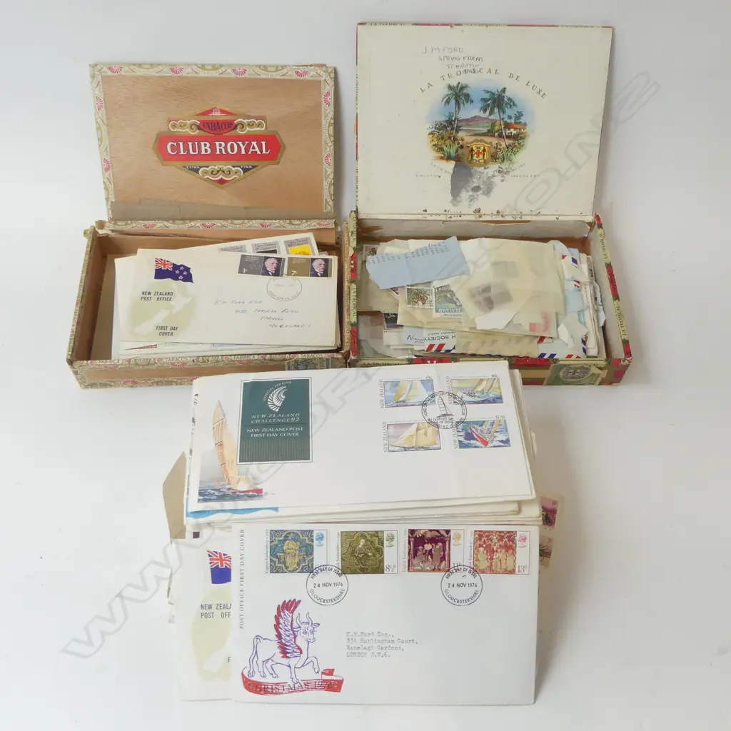ASST. FIRST DAY COVERS + 2 CIGAR BOXES OF STAMPS Image 1++