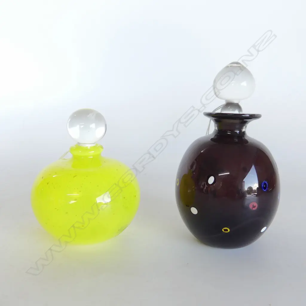 2  ART GLASS SCENT BOTTLES YELLOW & PURPLE w DOTS, DE FLUTE STUDIO. H. 100 & 140mm  Image 1++