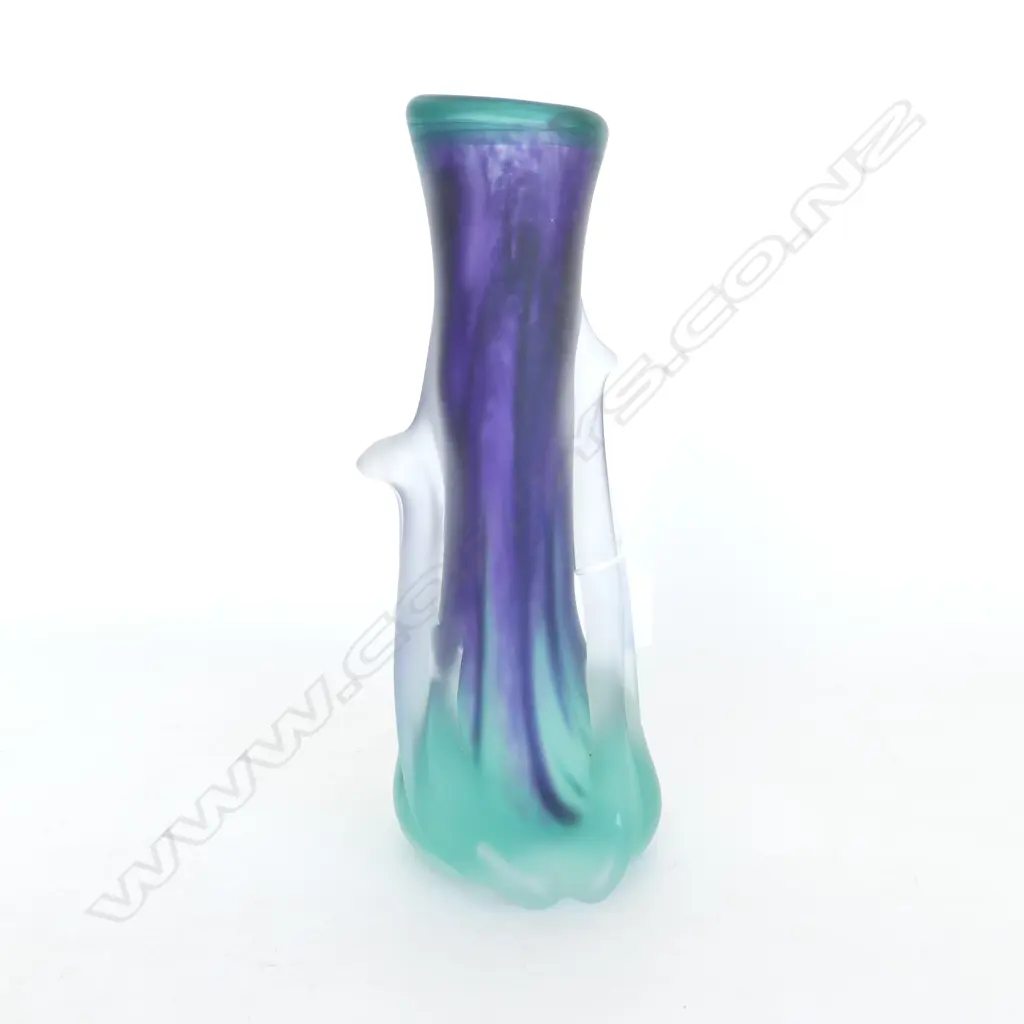 NZ ART GLASS VASE, BLUE/GREEN, HANDBLOWN DE FLUTE STUDIO, 2005, SIGNED. H.270mm Image 1++