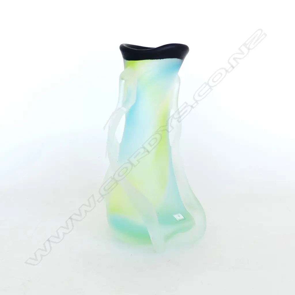 NZ ART GLASS VASE, PALE GRN/BLUE w BLK RIM, HANDBLOWN DE FLUTE GLASS STUDIO, 2005, SIGNED. H.235mm Image 1++