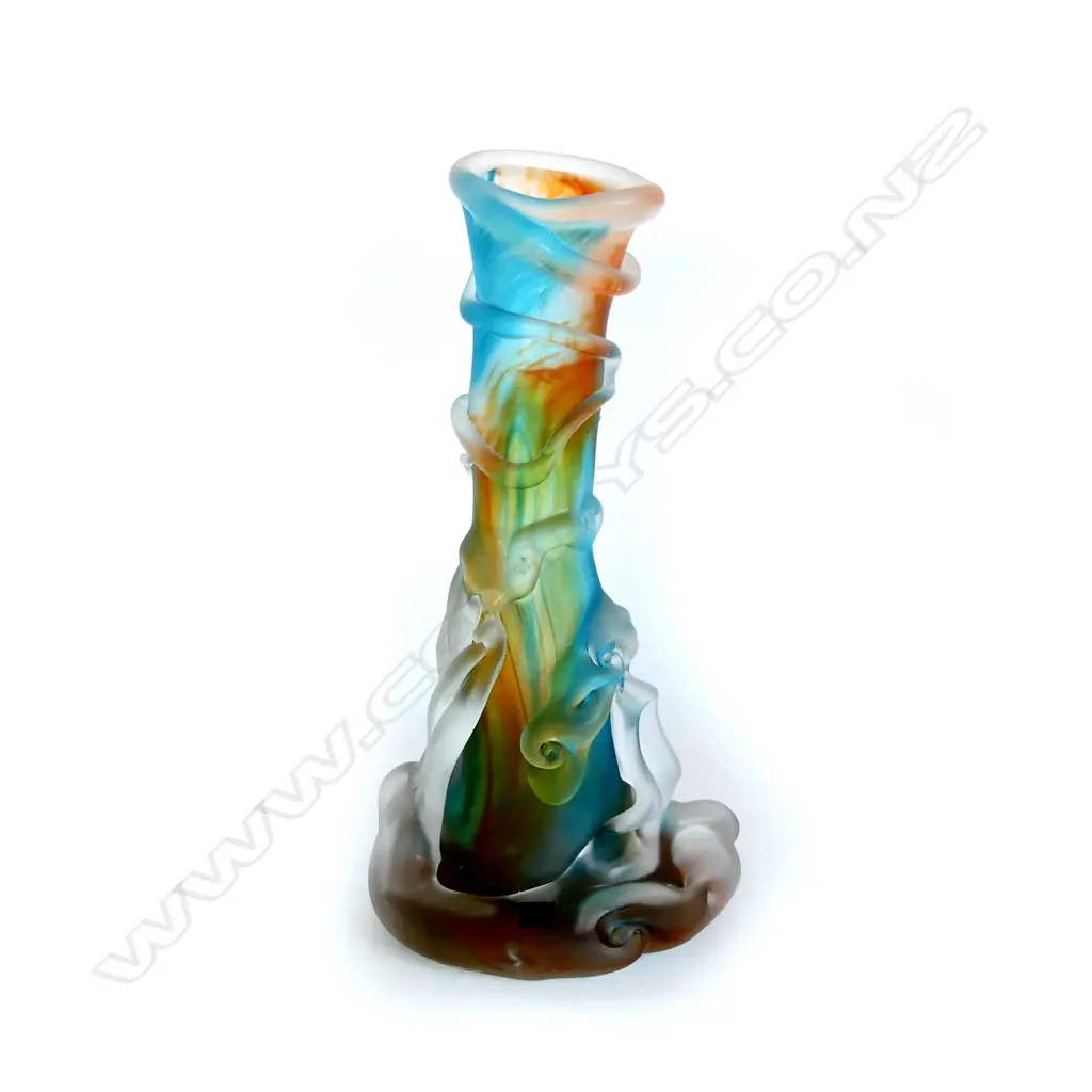 NZ ART GLASS VASE, ORANGE/BLUE, HANDBLOWN DE FLUTE GLASS STUDIO, 2005, SIGNED. H.320mm Image 1++