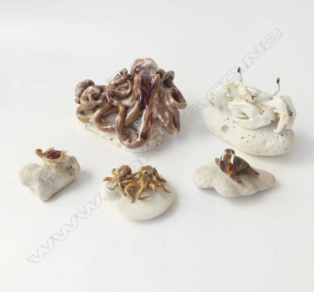 COLLECTION MOUNTED MARINE SCULPTURES, INCL OCTOPUS, SAND CRAB, SEAL & TURTLE, VARIOUS SIZES, HANDCRAFTED HAWAII Image 1++