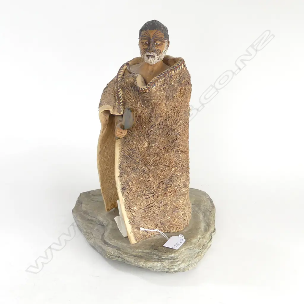 VINTAGE HAND SCULPTED POTTERY FIGURE OF ERU TAMAIKOHA on rock slab base H.360mm. w paperwork about Eru. Image 1++