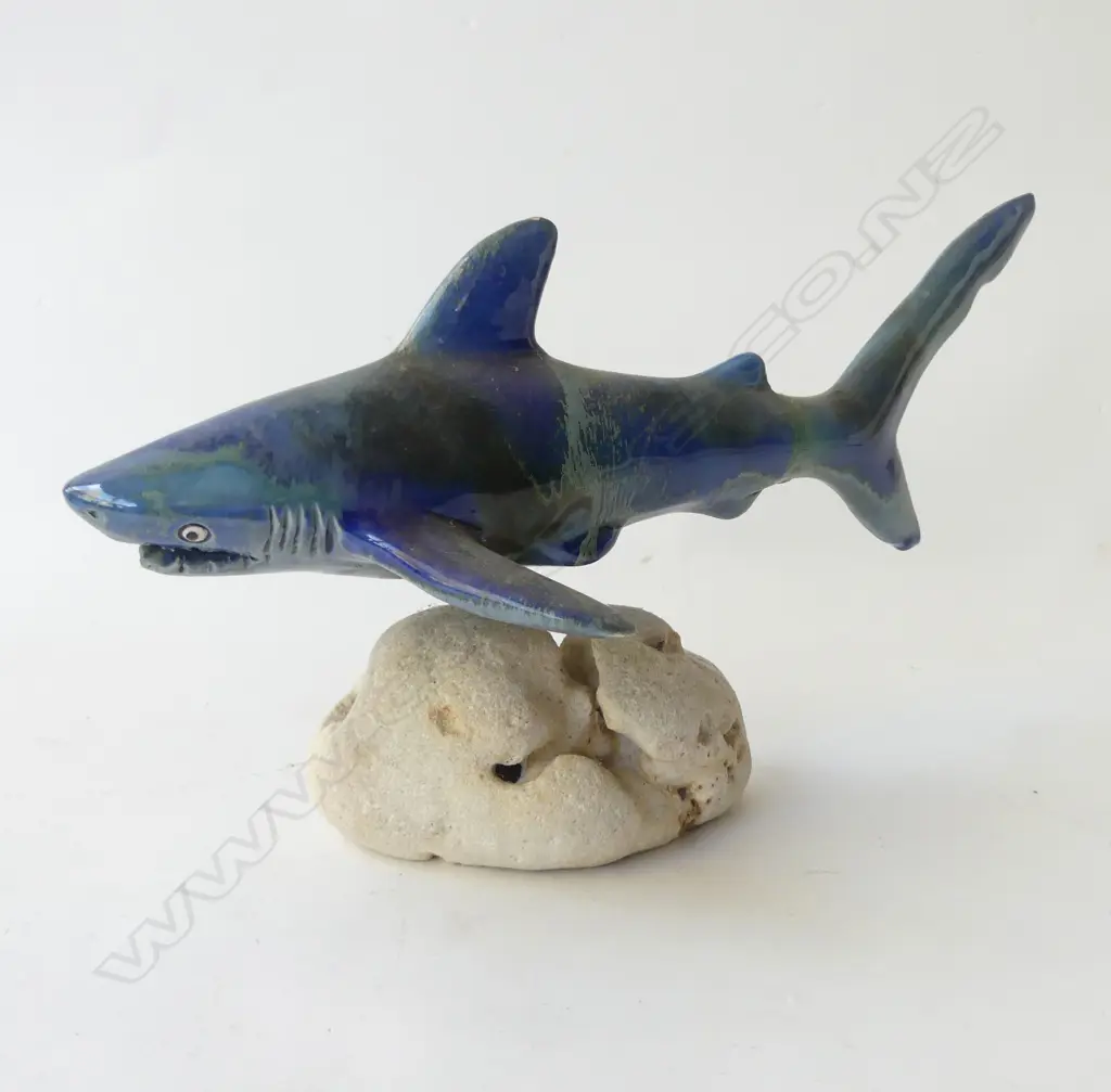 BLUE SHARK SCULPTURE, CERAMIC MOUNTED ON VOLCANIC STONE BASE, HANDCRAFTED HAWAII. L.300mm H.160mm Image 1++