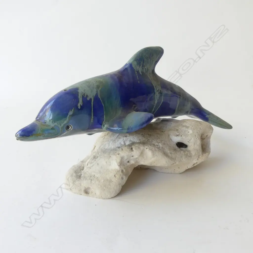 DOLPHIN SCULPTURE, CERAMIC MOUNTED ON VOLCANIC STONE BASE, HANDCRAFTED HAWAII. H.150mm x L.250mm Image 1++