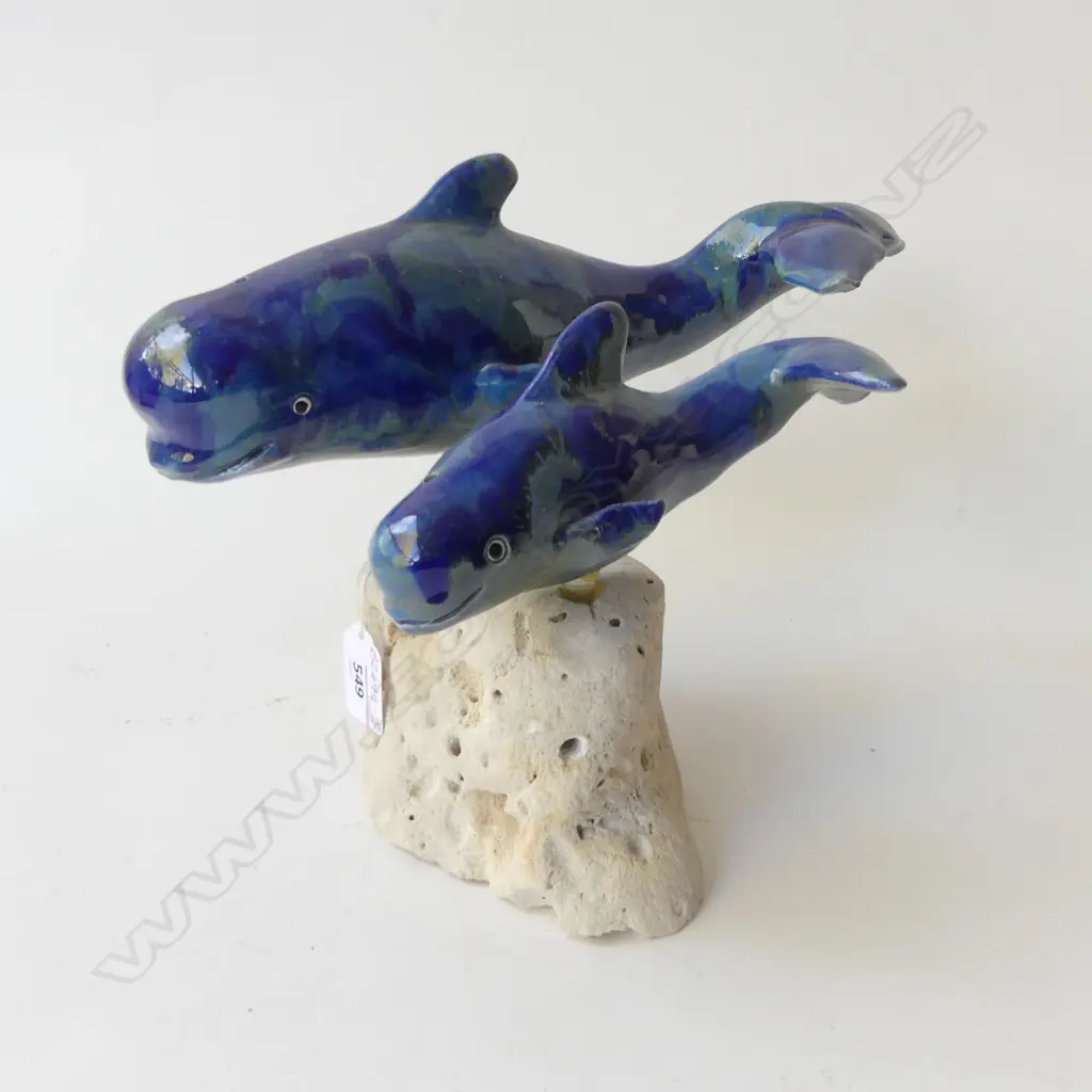 PILOT WHALE w CALF SCULPTURE, CERAMIC MOUNTED ON VOLCANIC STONE BASE, HANDCRAFTED HAWAII. H.200mm Image 1++