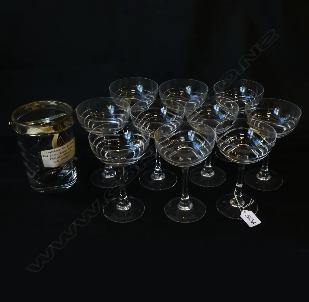 10 ROYAL CRYSTAL ROCK 'MARINA' PAT. CHAMPAGNE COUPES + ICE BUCKET Image 1++