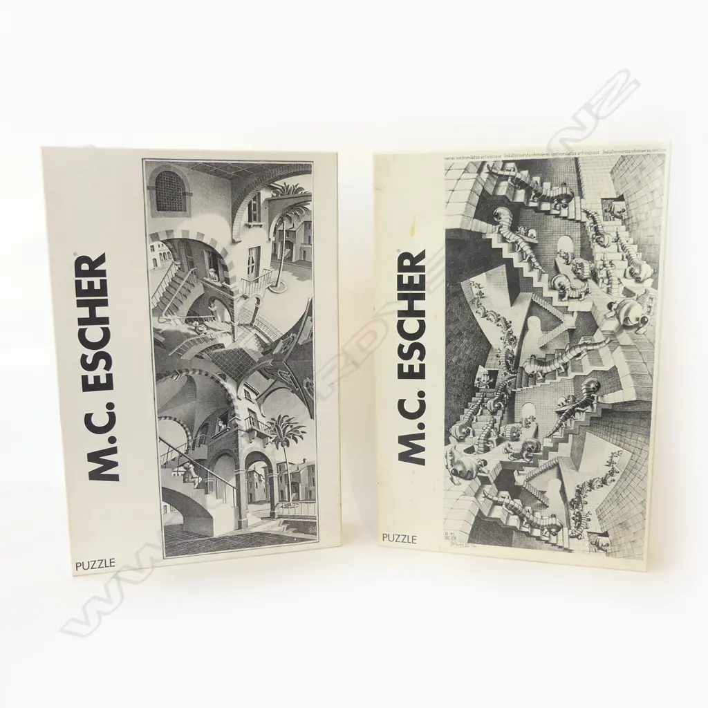 TWO VINTAGE M.C. ESCHER 1000PC PUZZLES MADE IN HOLLAND FOR SELEGIOCHI MILANO – OVER AND UNDER, & STAIR HOUSE L.39CM Image 1++