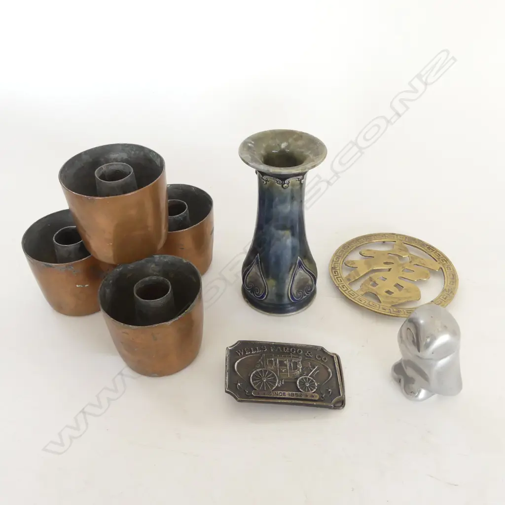 4 COPPER JELLY MOULDS / CANDLE HOLDERS 75mm dia, LAMBETH DOULTON VASE H 140mm, BELT BUCKLE ETC Image 1++