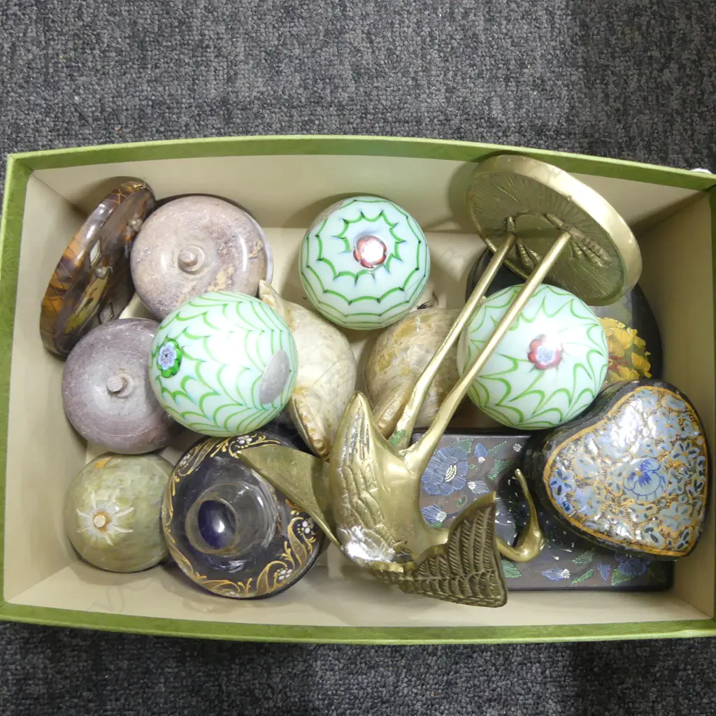 ASST. CONTAINERS, 3 ART GLASS PAPERWEIGHTS ETC Image 1++