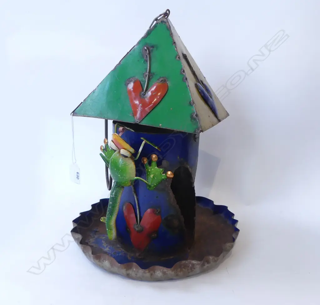 VINTAGE ENAMEL HANGING BIRD FEEDER H420MM Image 1++
