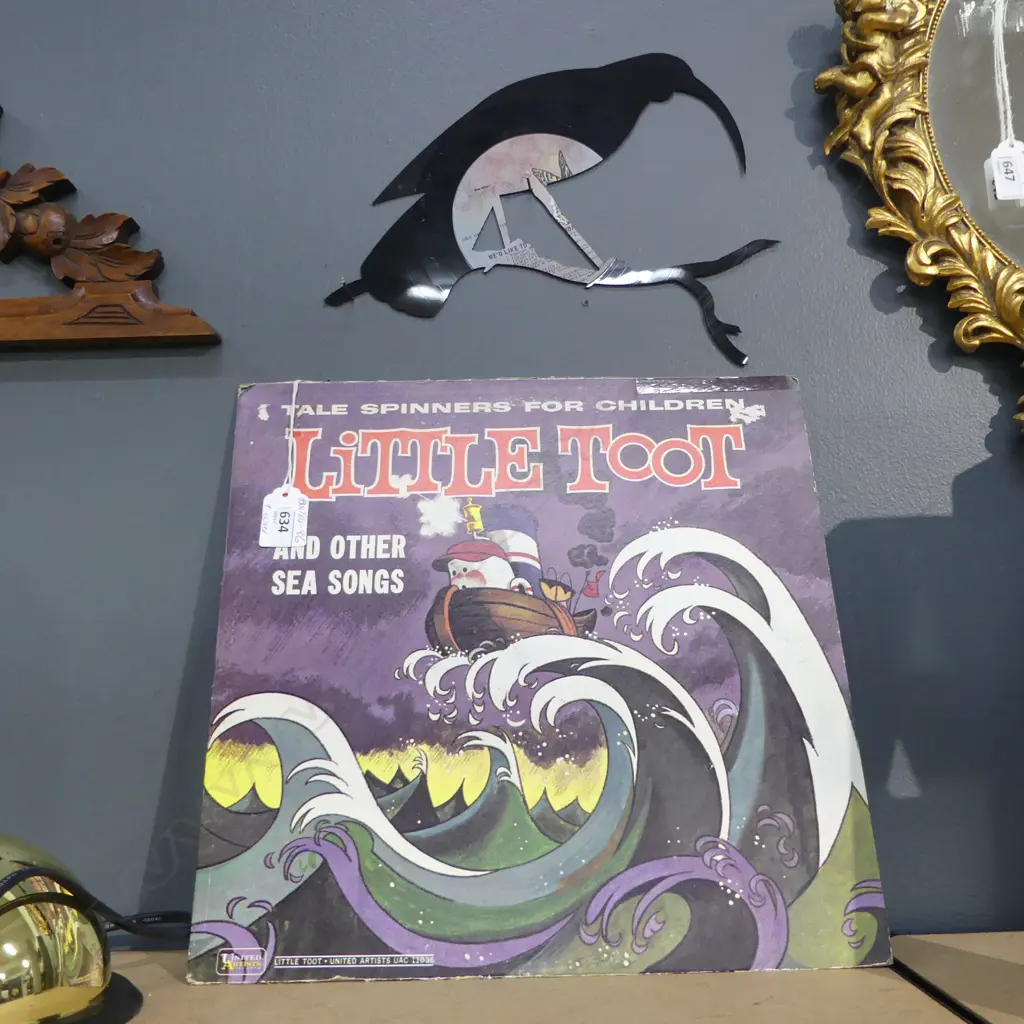LASER CUT HUIA  FROM OLD RECORD WITH RECORD COVER( LITTLE TOOT) L 260MM Image 1++