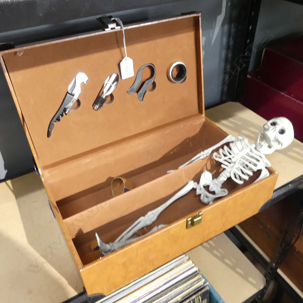 RED WINE BOX w ATTACHMENTS & PLASTIC HUMAN SKELLETON Image 1++