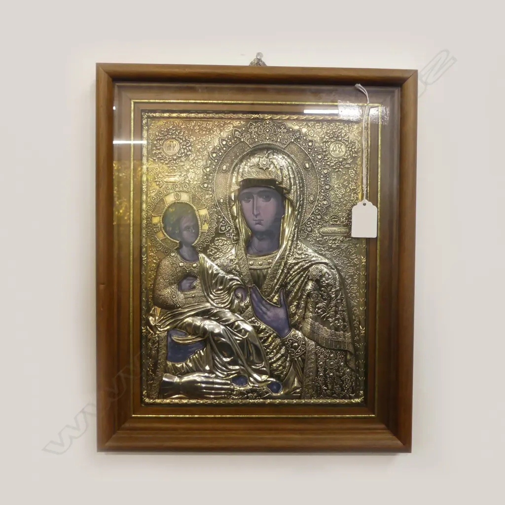 MODERN RUSSIAN ICON PRINT w. EMBOSSED METAL DECORATION 375x310mm overall size Image 1++