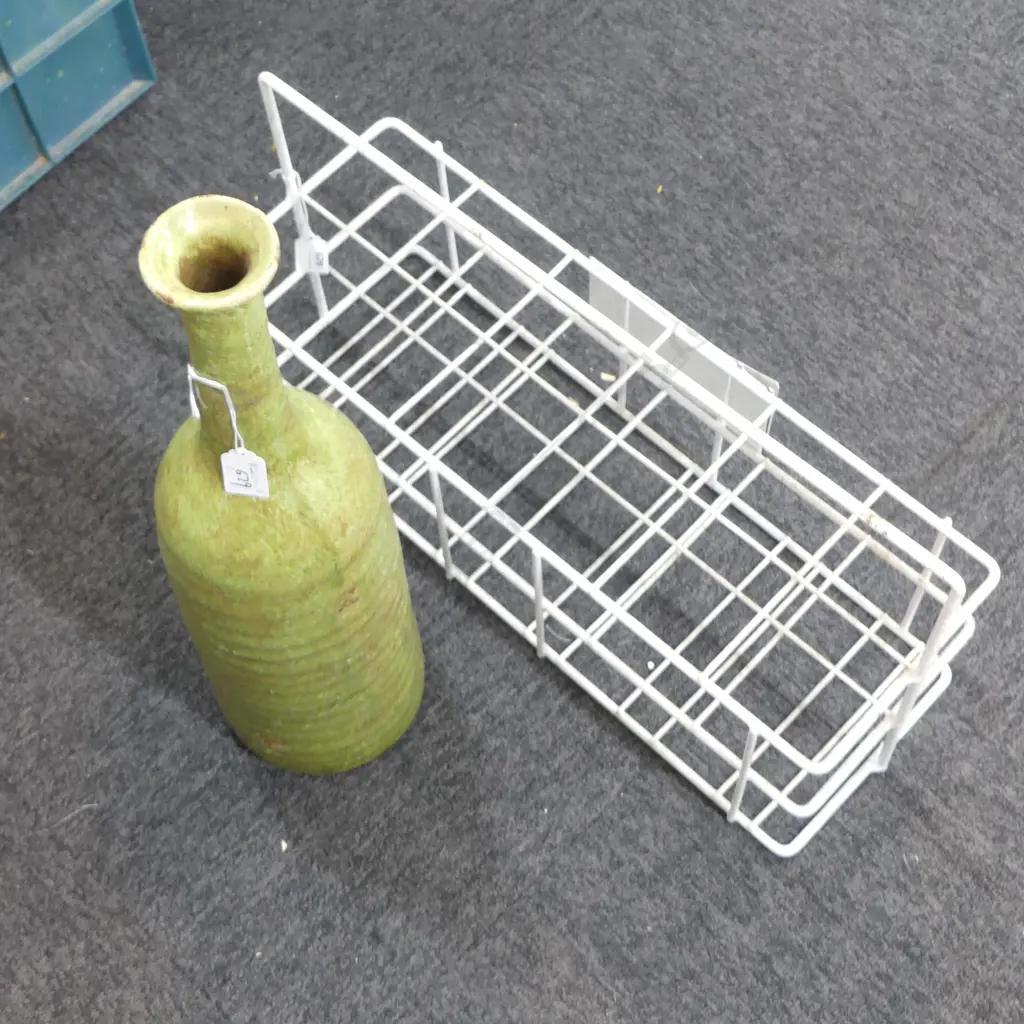 WHITE WIRE METAL 12 BOTTLE CARRIER W.565mm + TALL GREEN GLAZED BOTTLE VASE H.520mm Image 1++