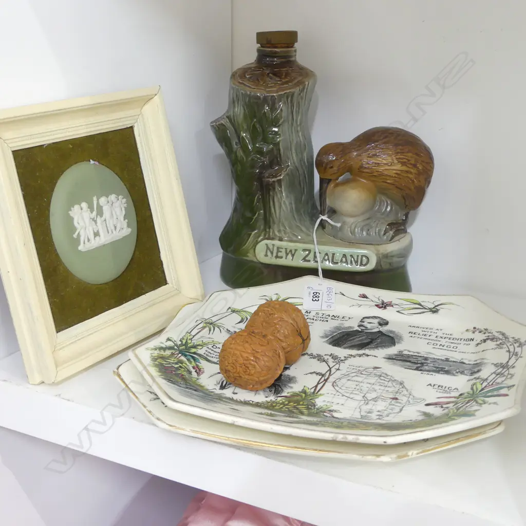 6 PCES; 2 CARVED WALNUTS, KIWI DECANTER, 2 OCTAGONAL PLATES 250mm dia, WEDGWOOD PLAQUE Image 1++