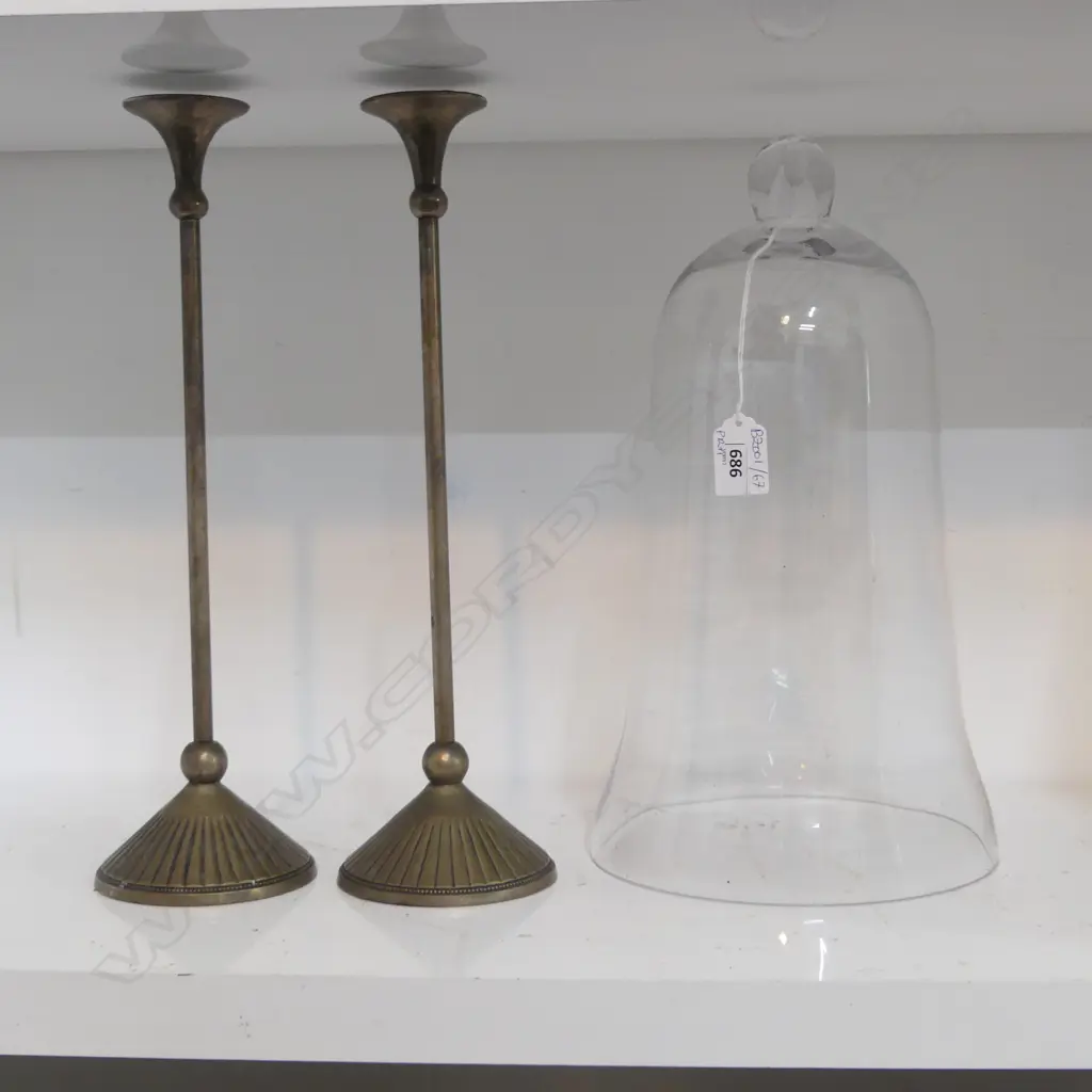 LG GLASS CLOCHE DOME H.340mm + PR METAL CANDLESTICKS H.360mm Image 1++