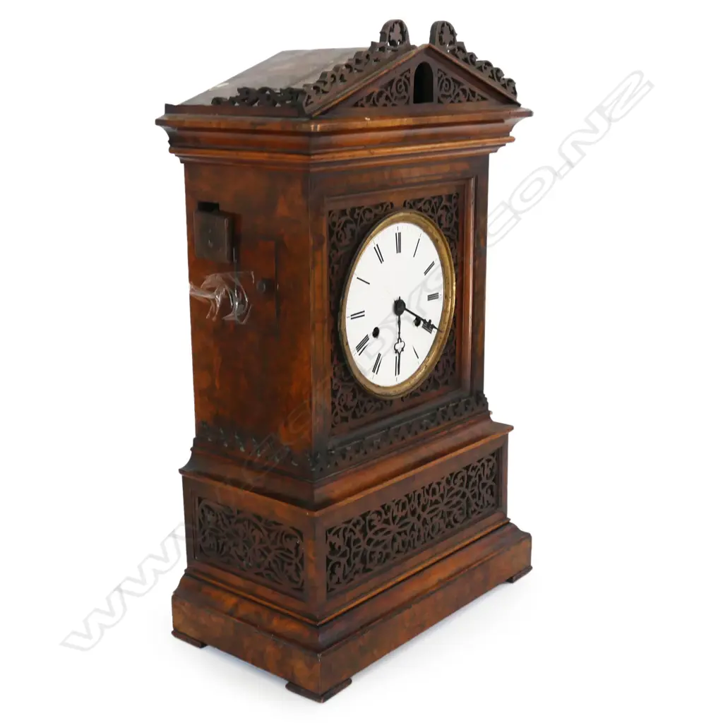 LG ANTIQUE ACHITECTURAL MAHOGANY MANTEL CLOCK, OPEN FRETWORK, H.580mm Image 1++