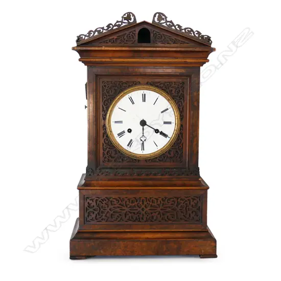 LG ANTIQUE ACHITECTURAL MAHOGANY MANTEL CLOCK, OPEN FRETWORK, H.580mm