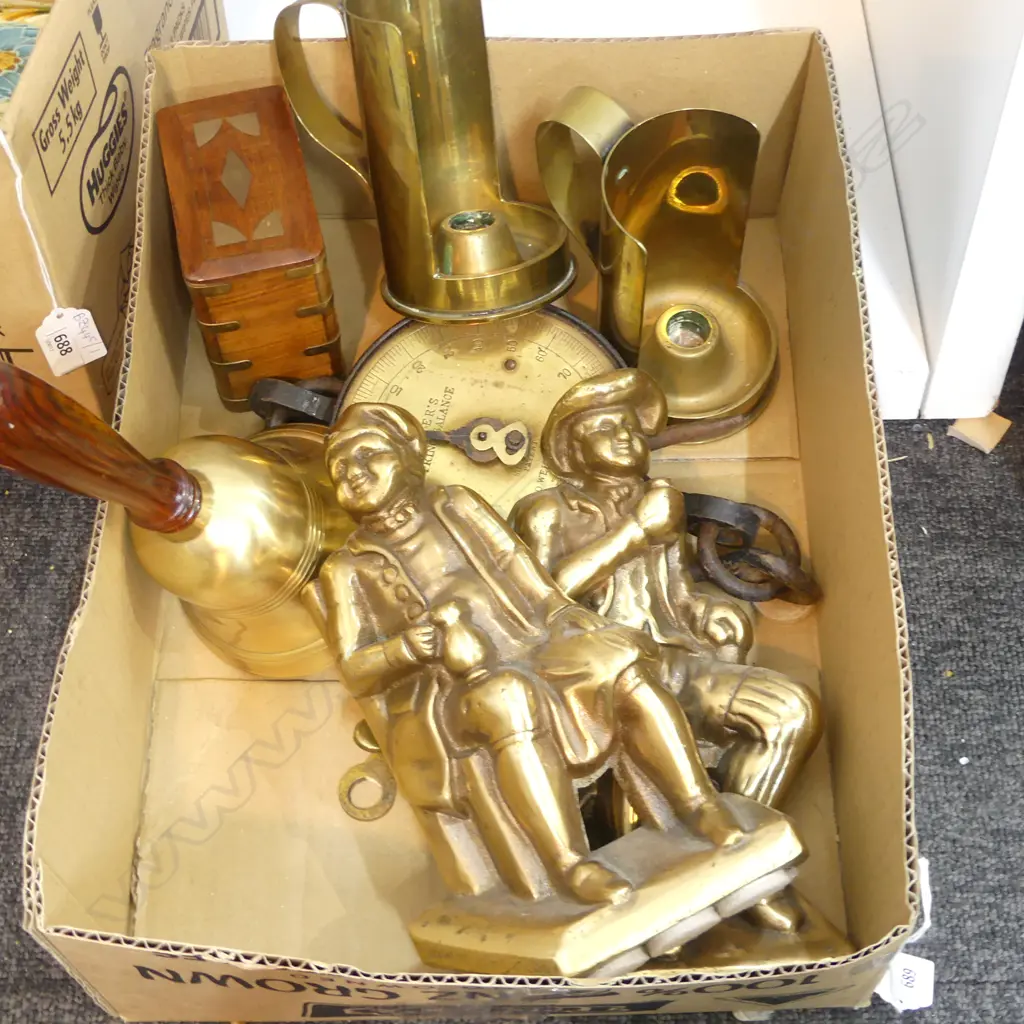 ASST. BRASS BITS; BELL, SALTER SPRING BALANCE, PR CHAMBERSTICKS, LIDDED CONTAINER, PR FIRE DOG FIGURES Image 1++