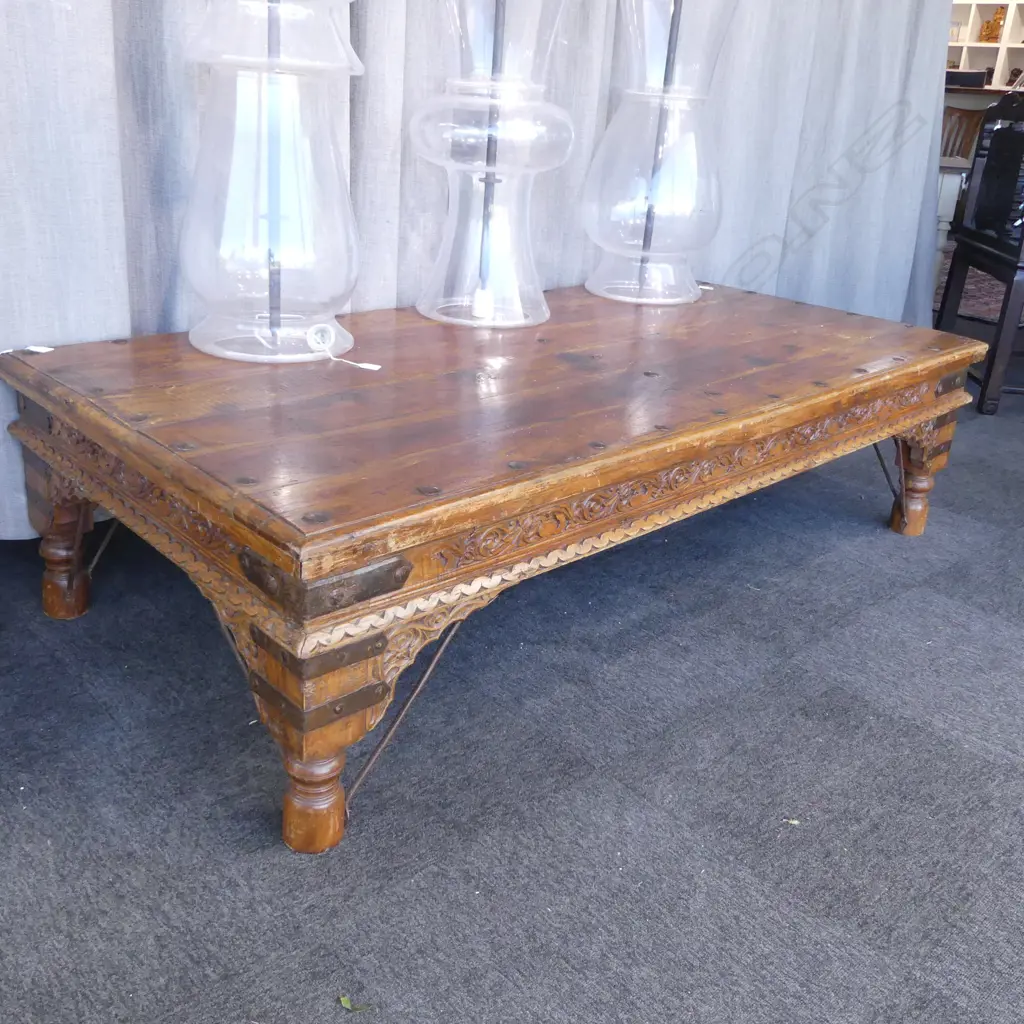 RUSTIC CARVED WOODEN PLANK TOP COFFEE TABLE 920x1800x470mm Image 1++