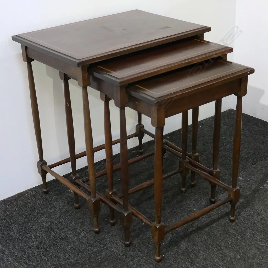 EDWARDIAN MAHOGANY NEST OF THREE TABLES, SATINWOOD & EBONY INLAY, SOME MARKS, W.490mm Image 1++