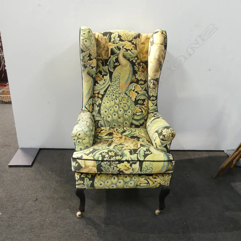 EDWARDIAN ARMCHAIR RE SPRUNG RE UPHOLSTERED IN WILLIAM & MORRIS FABRIC SOME FADING H1240MM Image 1++