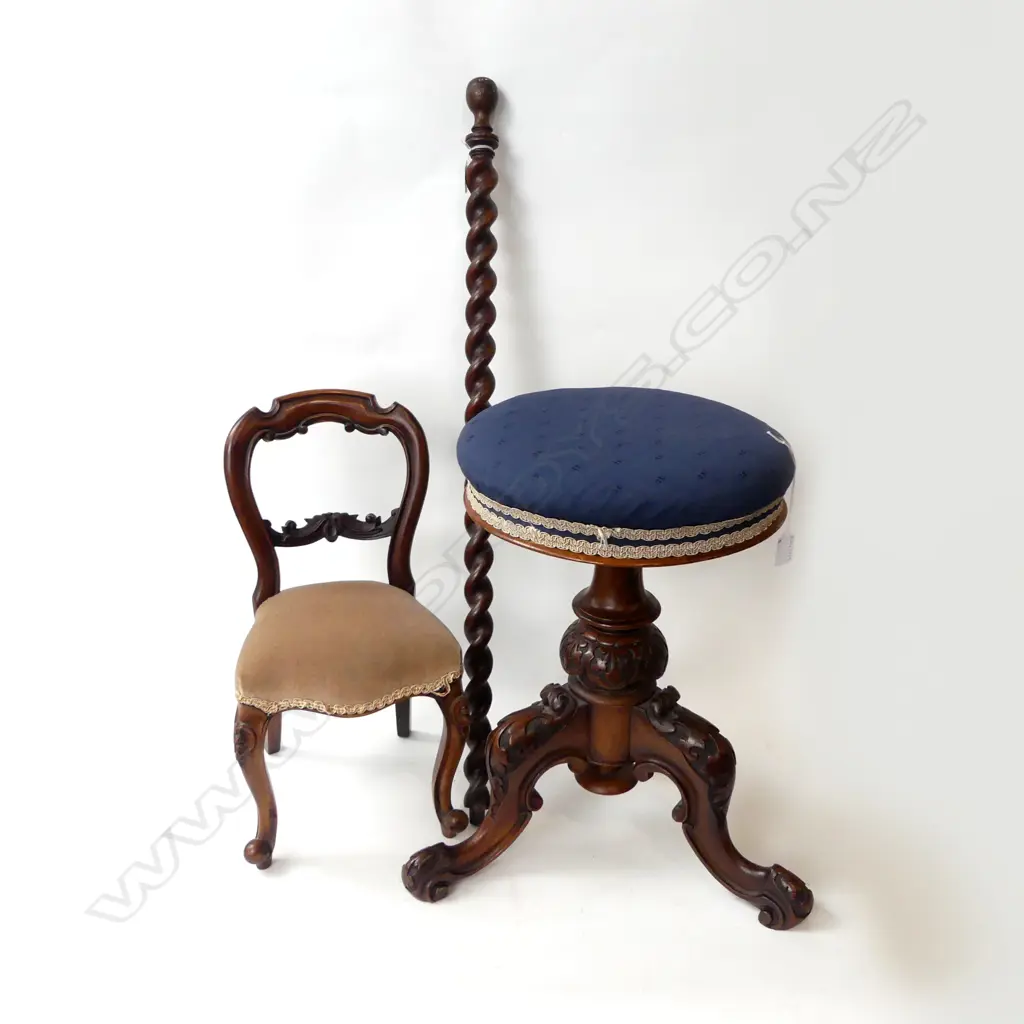 3 PCES; VICTORIAN PIANO STOOL - TRIPOD BASE H.500mm + VICTORIAN STYLE DOLLS CHAIR H.465mm BARLEY TWIST POLE L.870mm Image 1++