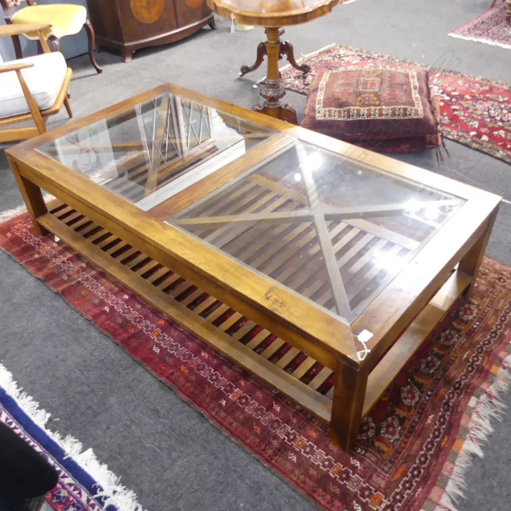 MODERN WOODEN COFFEE TABLE - GLASS TOP 840x1600x400mm Image 1++