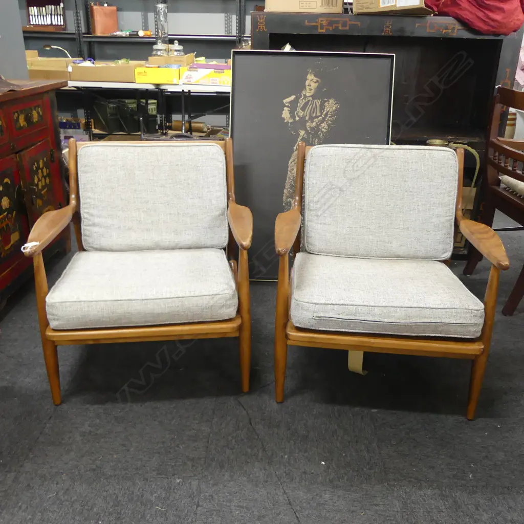 PR RETRO / MID CENTURY ARMCHAIRS; RUSSEL WRIGHT FOR CONANT BALL FURNITURE; GREY CUSHIONS Image 1++