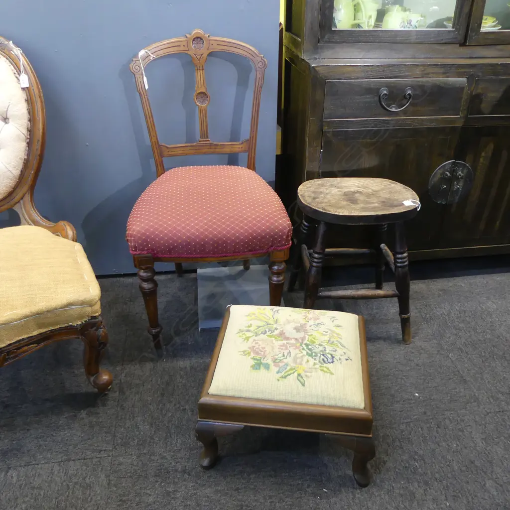 EDWARDIAN DINING CHAIR, WOODEN STOOL, NEEDLEWORK FOOTREST Image 1++