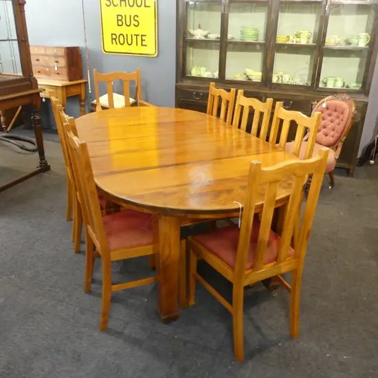 KAURI TABLE 1165mm dia + 3 300mm LEAVES, 8 CHAIRS (1 A CARVER)