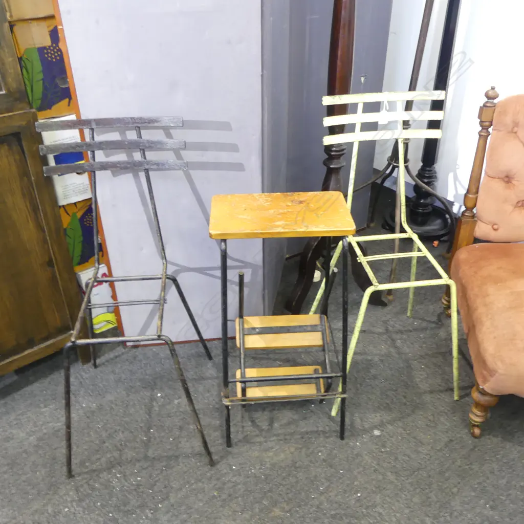 TWO VINTAGE CAST IRON CHAIR FRAMES + VINTAGE STEP STOOL Image 1++