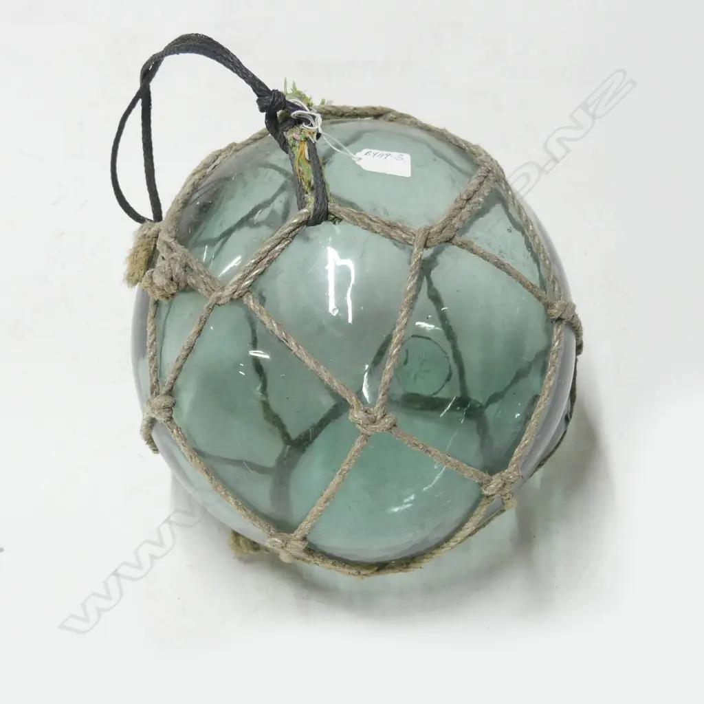 OLD GLASS FISHING FLOAT WITH NETTING hand blown APPROX. Dia.290mm Image 1++