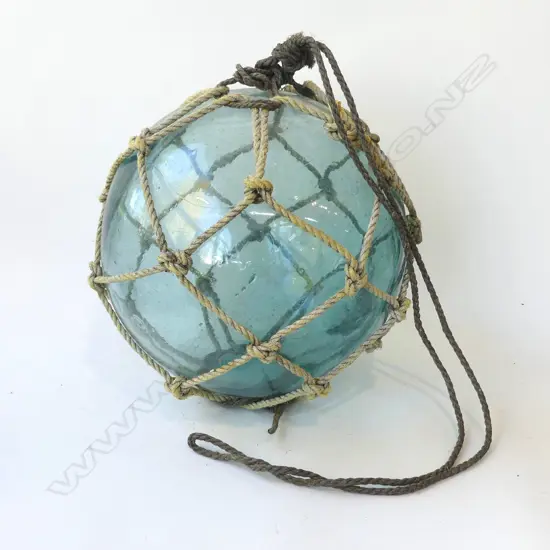 OLD GLASS FISHING FLOAT WITH NETTING hand blown APPROX. Dia.400mm