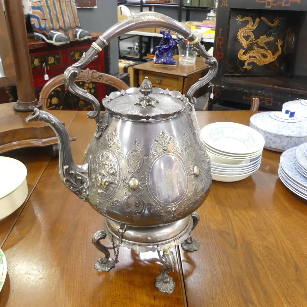 LG VICTORIAN SILVER PLATE SPIRIT KETTLE ON STAND H.410mm Image 1++