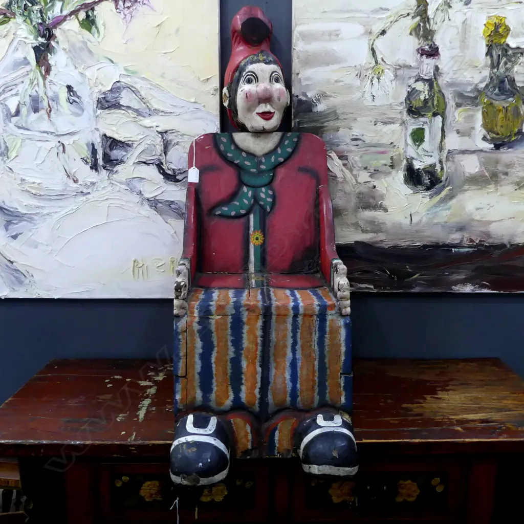 VINTAGE PAINTED WOODEN 'CLOWN' CHILDS SEAT H.830mm Image 1++