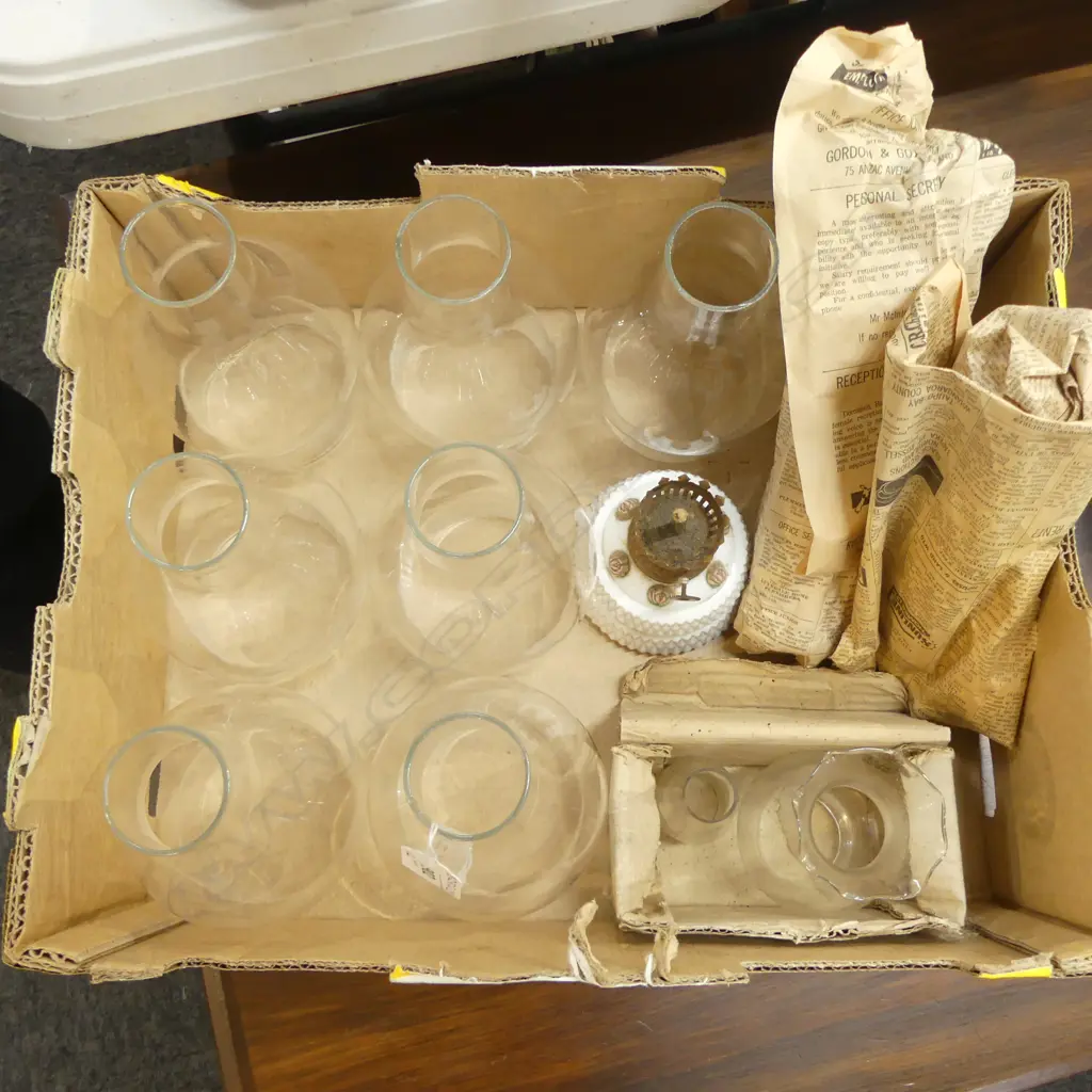 ELEVEN VINTAGE GLASS CHIMNEYS FOR KEROSENE LAMPS & ONE SMALL LAMP H.16CM,  21CM ETC Image 1++