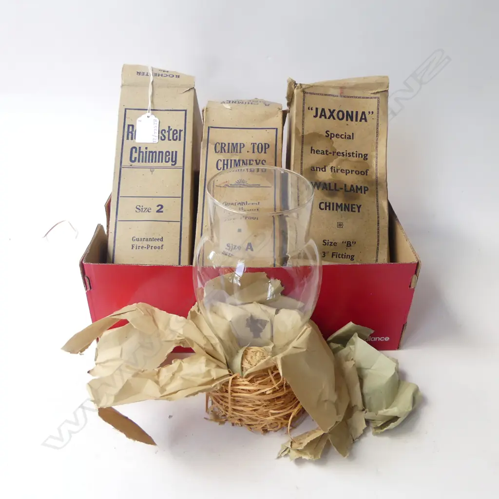 THREE VINTAGE GLASS CHIMNEYS FOR KEROSENE LAMPS UNUSED IN BOXES SIZE, 2, A, & B L. 25CM Image 1++