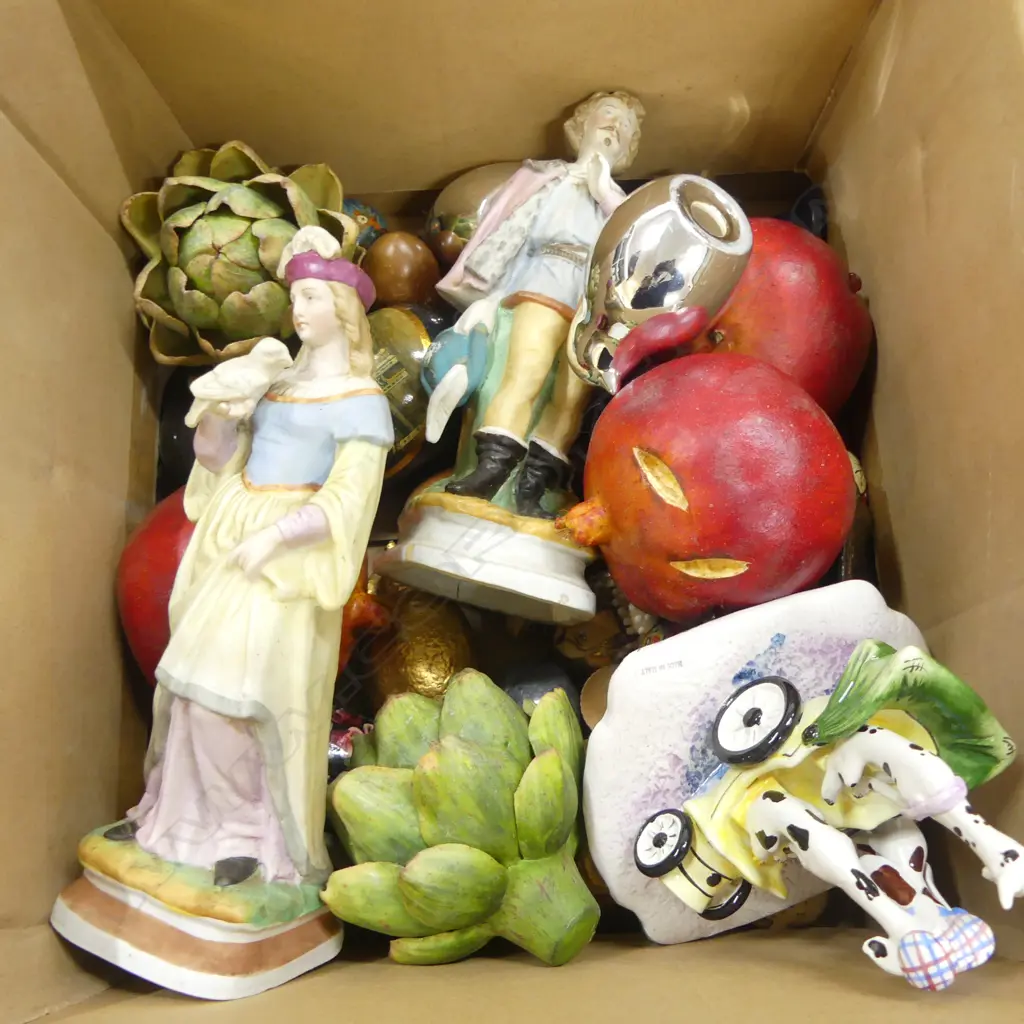 ASST. HAND PAINTED EGGS, FAKE ARTICHOKES & POMEGRANATES, PR ANTIQUE FIGURES ETC Image 1++