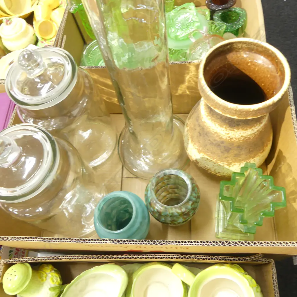 ASST. GLASS VASES; DECO, PR LIDDED JARS ETC Image 1++